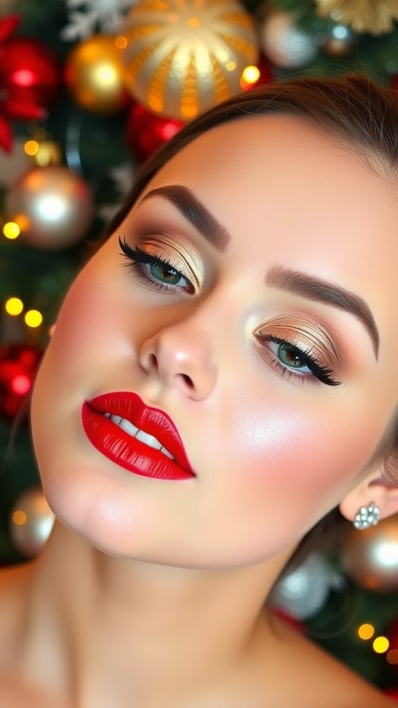 A glamorous Christmas makeup look with red lips and gold eyeshadow, set against a festive background.